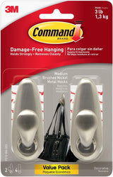 Command Brushed Nickel Metal Hooks – Minimalist Entryway Organizer, Clean-Lined Wall Hooks with Tool-Free Mounting, 2 Pack