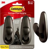 Command Oil Rubbed Bronze Hooks for Clean Entryway Storage, Simple Adhesive Wall Hooks