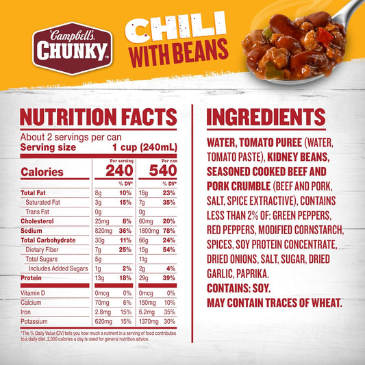 13 grams of protein per serving from beef, pork, and kidney beans
