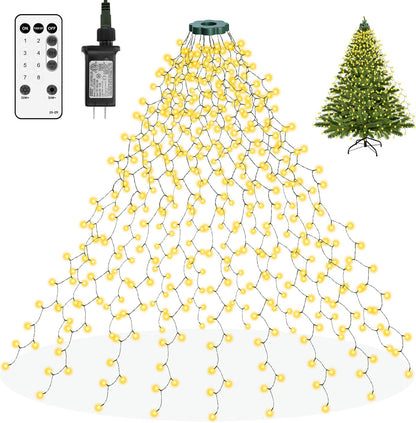 16 hanging strands of 25 leds each, totaling 400 warm white leds (available in 6.6ft or 8.2ft sizes)