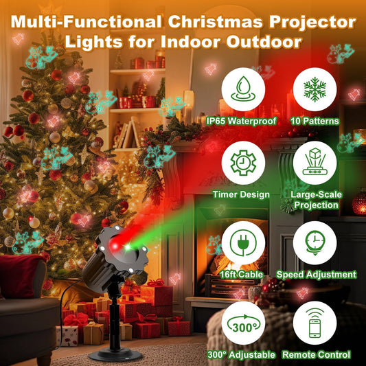 2 colors (red and green) and 10 christmas patterns with moving firefly effect