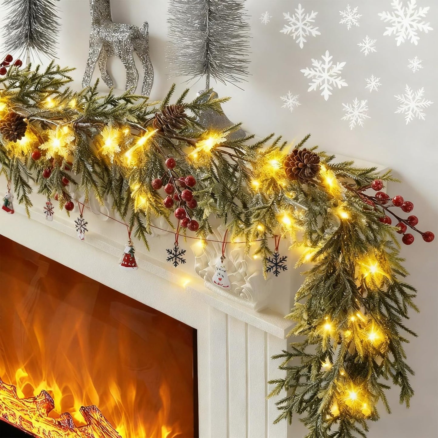 20 integrated led snowflake lights pre-strung and secured with buckles
