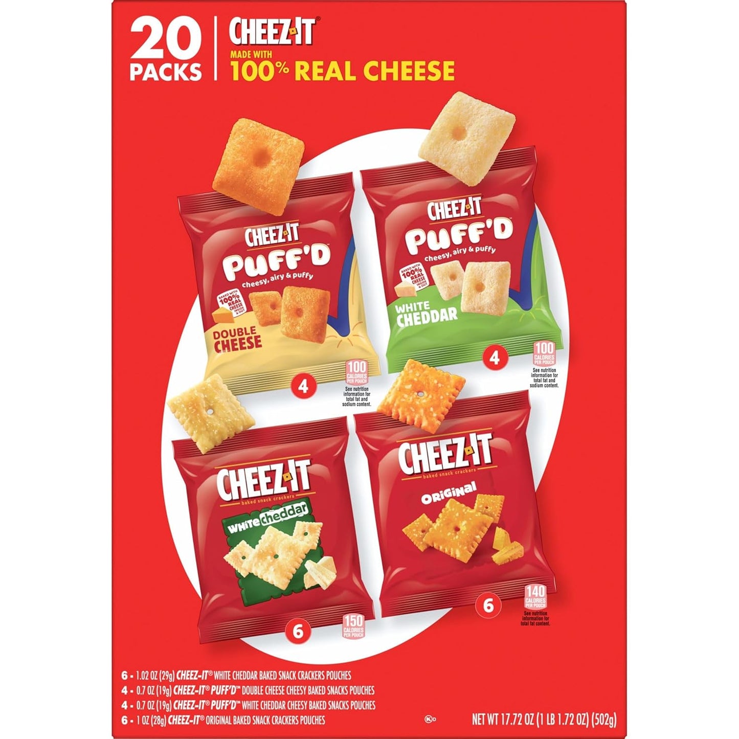 Cheez-It Cheese Crackers, Baked Snack Crackers, Crowd-Pleasing Snack for Hostess Gifting, Variety Pack, 17.72oz Box (20 Pouches)