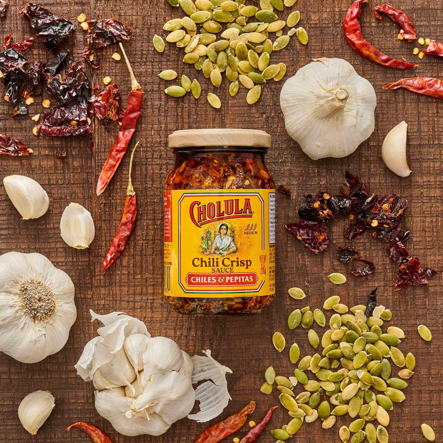 Cholula Chili Crisp Chiles & Pepitas – Clean-Ingredient Flavor Topping for Guilt-Free Family Meals, 8 oz