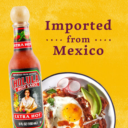 Cholula Hot Sauce Extra Hot – Camping and Cookout Heat Booster for Grilled Meats, 5 fl oz Glass Bottle