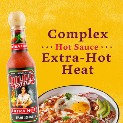 Cholula Hot Sauce Extra Hot – Camping and Cookout Heat Booster for Grilled Meats, 5 fl oz Glass Bottle