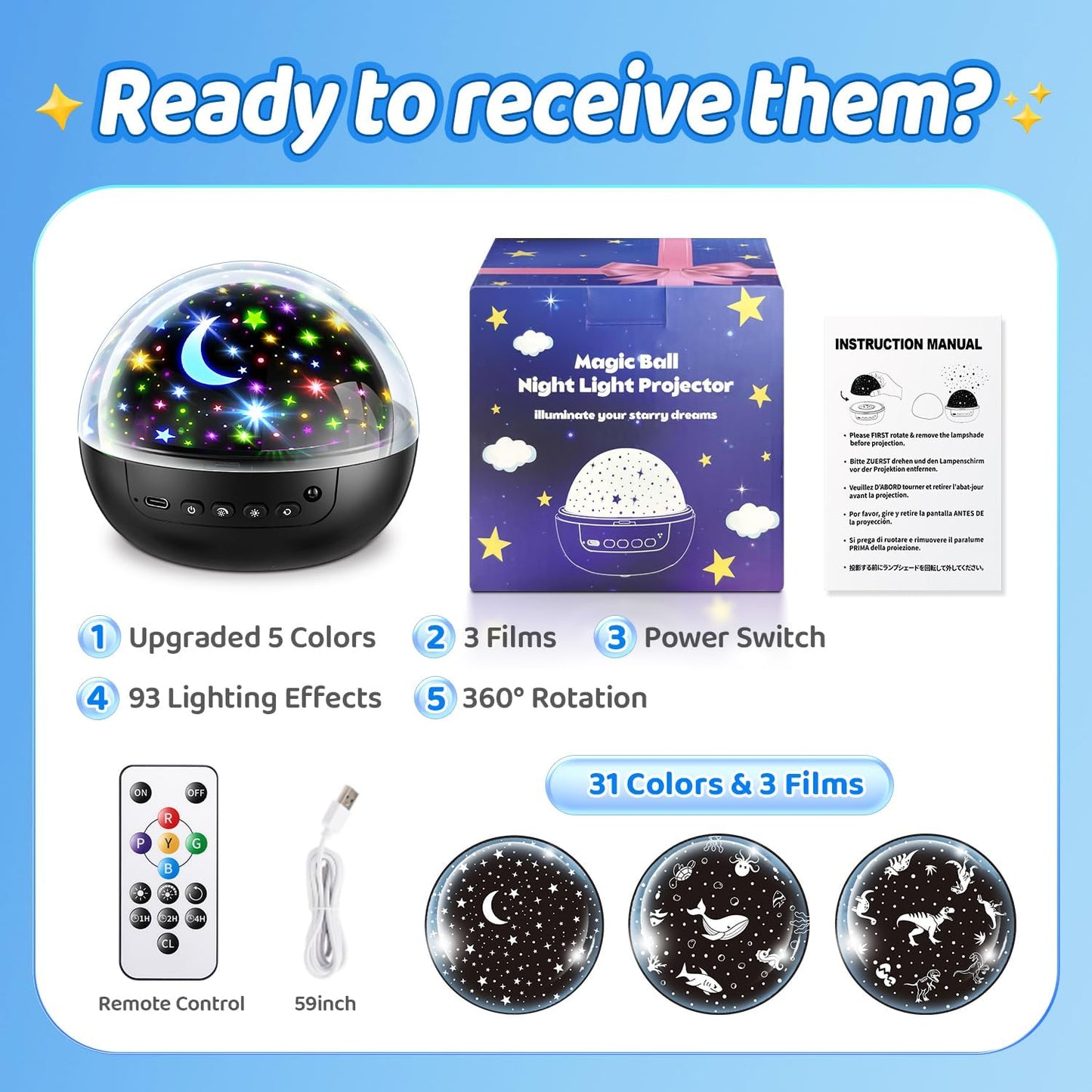 COOLNIGHT Kids Night Light – Christmas and Birthday Gift for 4 Year Old Boy, 93 Lighting Modes