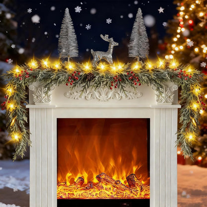 Flameless Lighted Garland with 20 LED Snowflakes – Smoke-Free, Kid-Safe Christmas Greenery for Fireplace Mantle and Stair Railing
