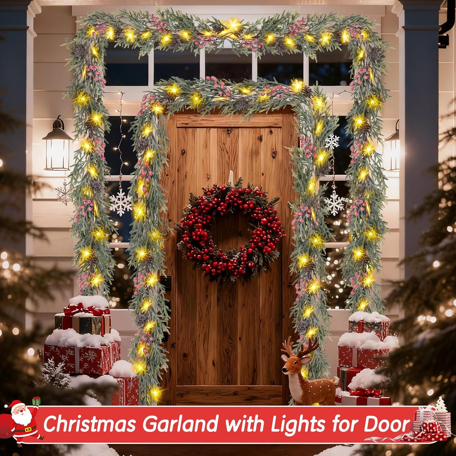 Flameless Lighted Garland with 20 LED Snowflakes – Smoke-Free, Kid-Safe Christmas Greenery for Fireplace Mantle and Stair Railing