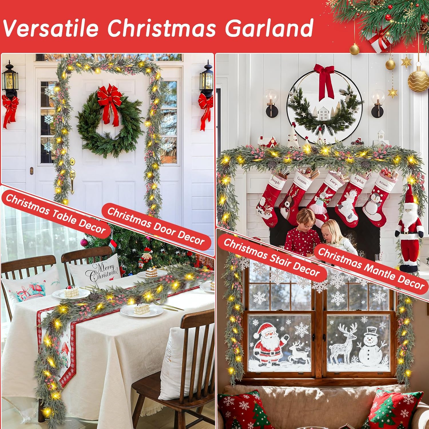 Flameless Lighted Garland with 20 LED Snowflakes – Smoke-Free, Kid-Safe Christmas Greenery for Fireplace Mantle and Stair Railing