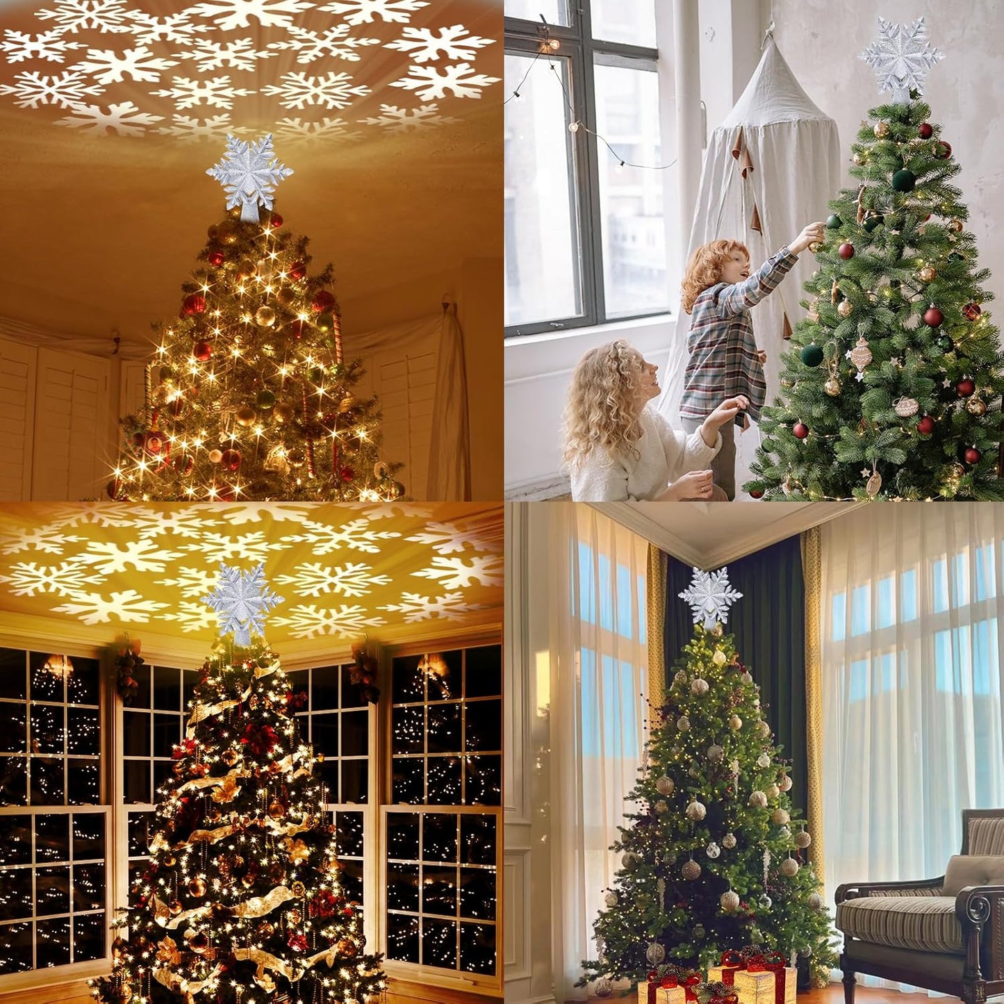 HOLIDAY MAGIC Silver Snowflake Tree Topper Light – Living Room Christmas Centerpiece with Ceiling Projection