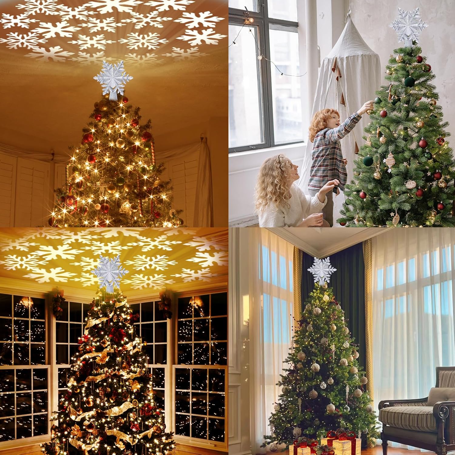 HOLIDAY MAGIC Silver Snowflake Tree Topper Light – Living Room Christmas Centerpiece with Ceiling Projection