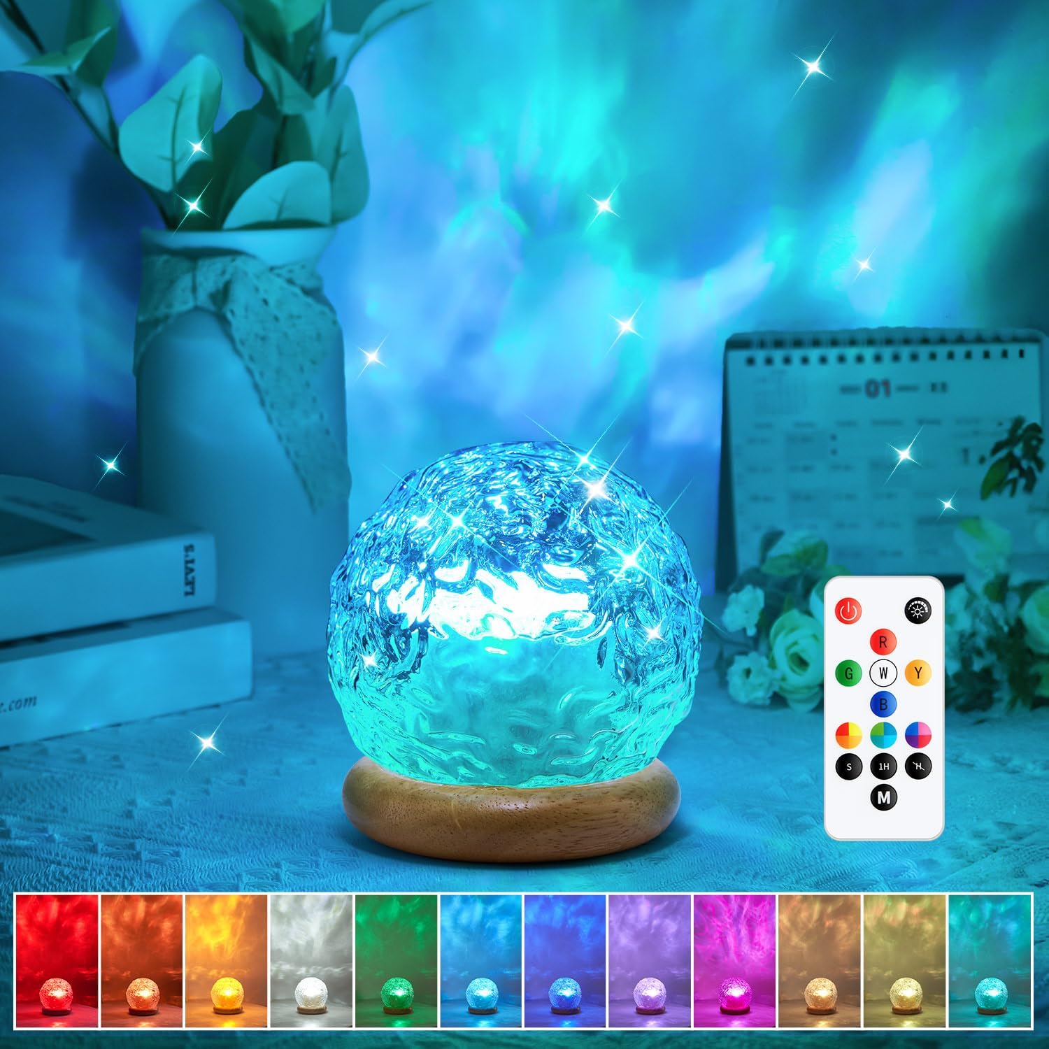 HYTIB Crystal Ball Aurora Lamp – Aesthetic RGB Bedside Mood Light for Bedroom, 18 Colors with Wood Base