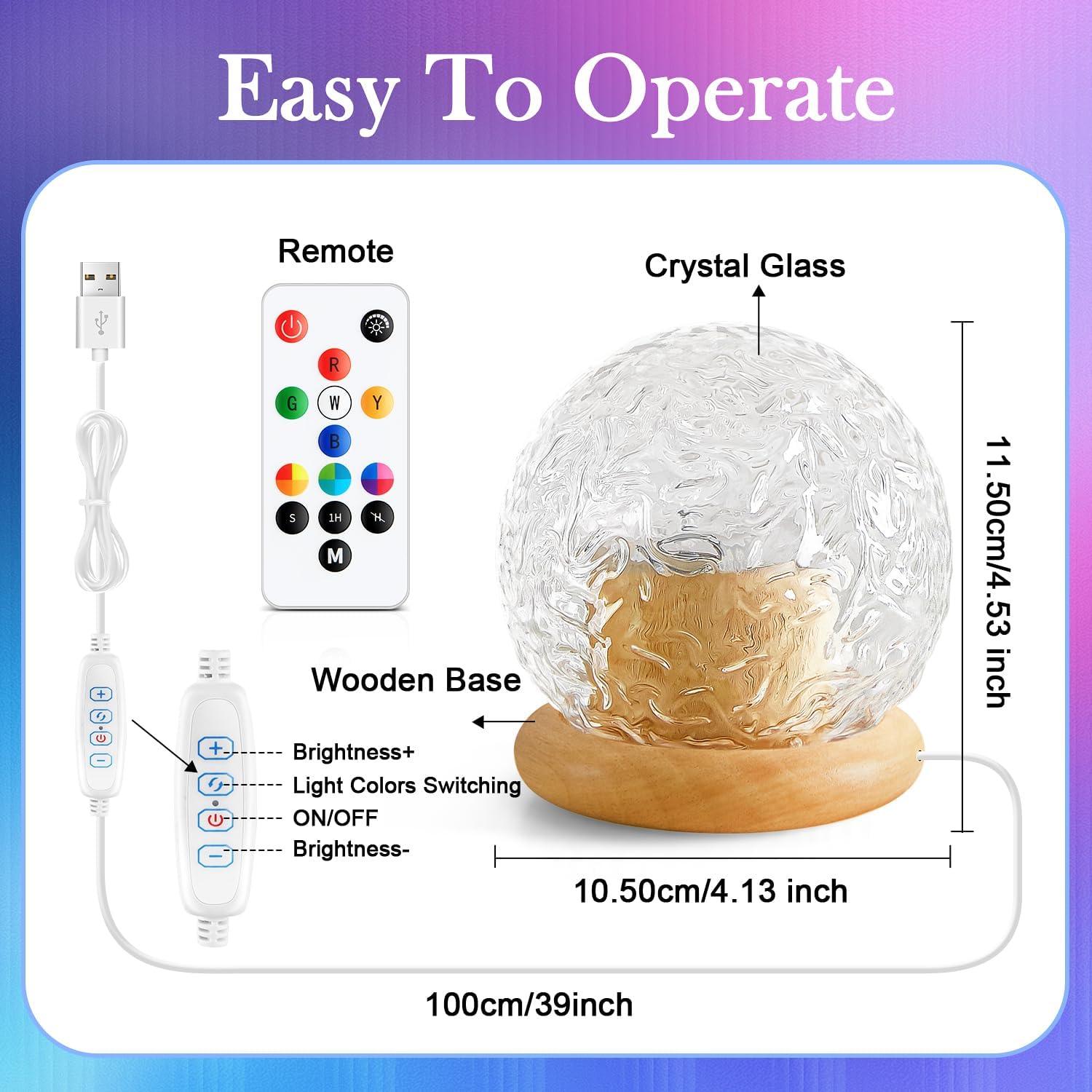 HYTIB Crystal Ball Aurora Lamp – Aesthetic RGB Bedside Mood Light for Bedroom, 18 Colors with Wood Base