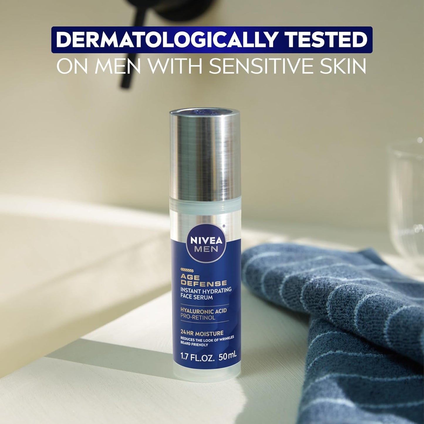 NIVEA MEN Age Defense Face Serum With Pro-Retinol – Streamlined Skincare for a Clean Vanity, 1.7 Fl Oz