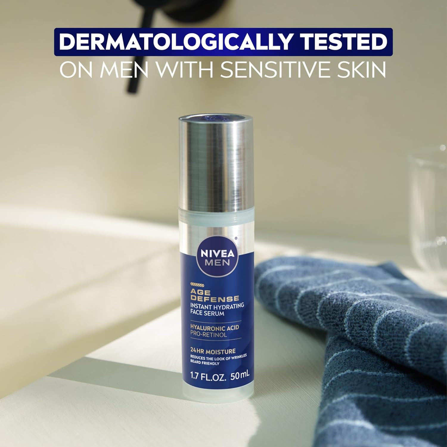 NIVEA MEN Age Defense Face Serum With Pro-Retinol – Streamlined Skincare for a Clean Vanity, 1.7 Fl Oz