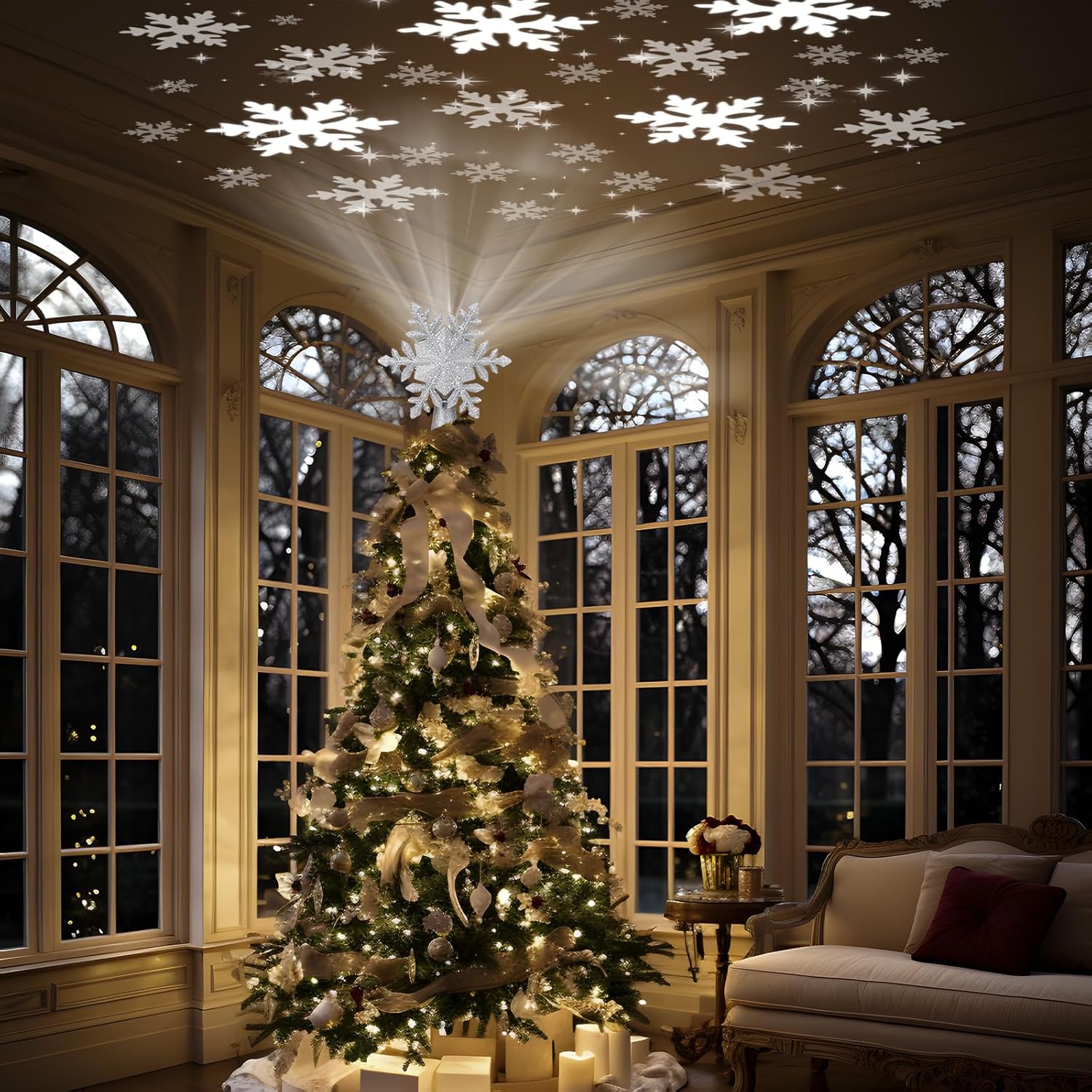 PliMook Snowflake Christmas Tree Topper Light, 6 LED Projection Slides and 3D Glitter Glow, Ready-to-Gift Holiday Present for Friends and Family, Silver